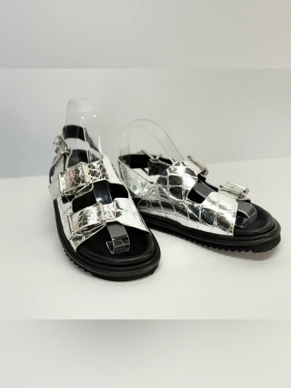 ZADIG & VOLTAIRE Silver reptile imprint Metallic Buckle Platform Sandals size 7 - Picture 3 of 9